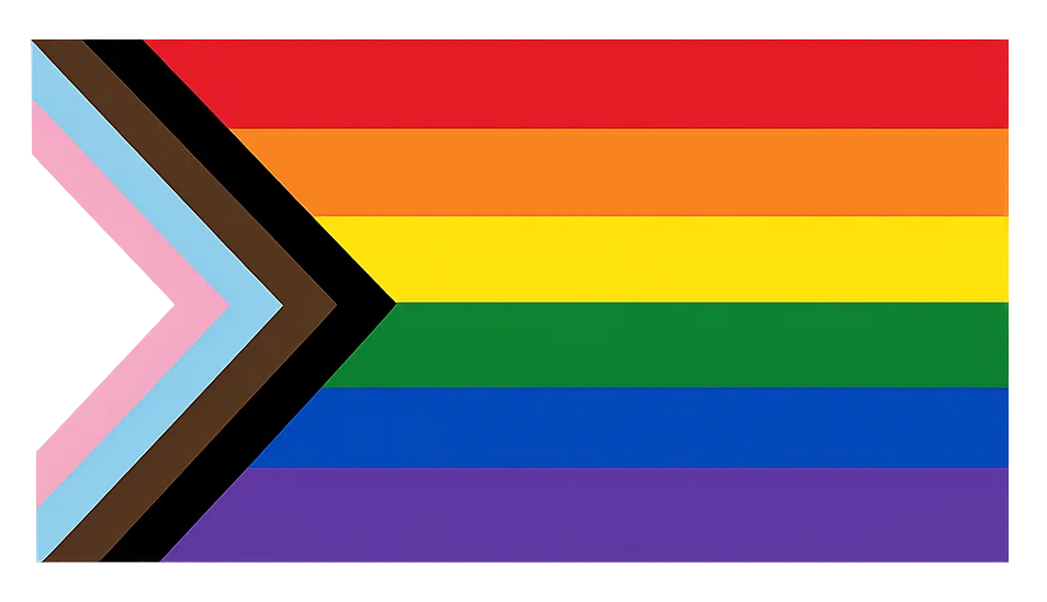 Progress Pride Flag symbolizes fertility inclusivity, hope, and support on a glitchy gray background evoking digital connection.